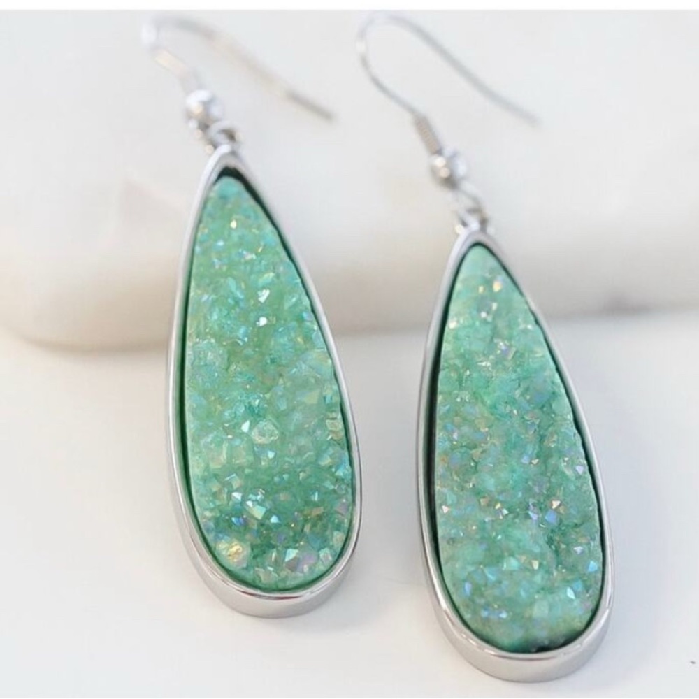 Sterling Silver Teardrop Aqua Druzy Earrings